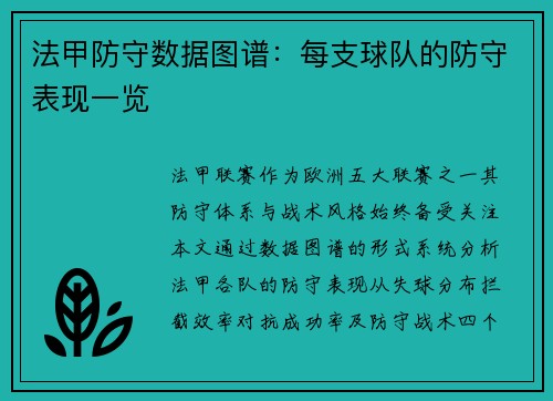 法甲防守数据图谱：每支球队的防守表现一览