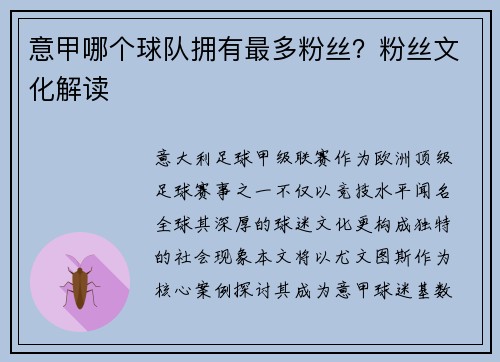 意甲哪个球队拥有最多粉丝？粉丝文化解读