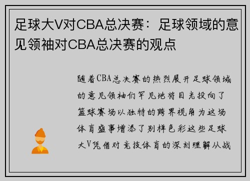 足球大V对CBA总决赛：足球领域的意见领袖对CBA总决赛的观点